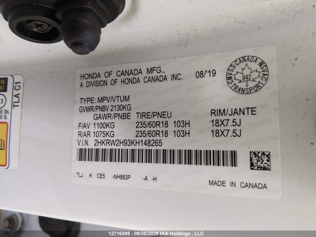 2019 Honda Cr-v მანქანა იყიდება აუქციონზე, vin: 2HKRW2H93KH148265, აუქციონის ნომერი: 12716595