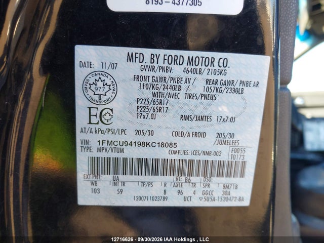 Продаж на аукціоні авто 2008 Ford Escape Limited, vin: 1FMCU94198KC18085, номер лоту: 12716626