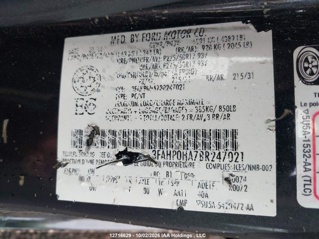 12716629 :رقم المزاد ، 3FAHP0HA7BR247021 vin ، 2011 Ford Fusion Se مزاد بيع