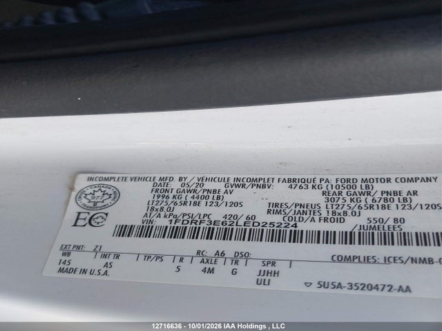 12716636 :رقم المزاد ، 1FDRF3E62LED25224 vin ، 2020 Ford F-350 Chassis Xl مزاد بيع