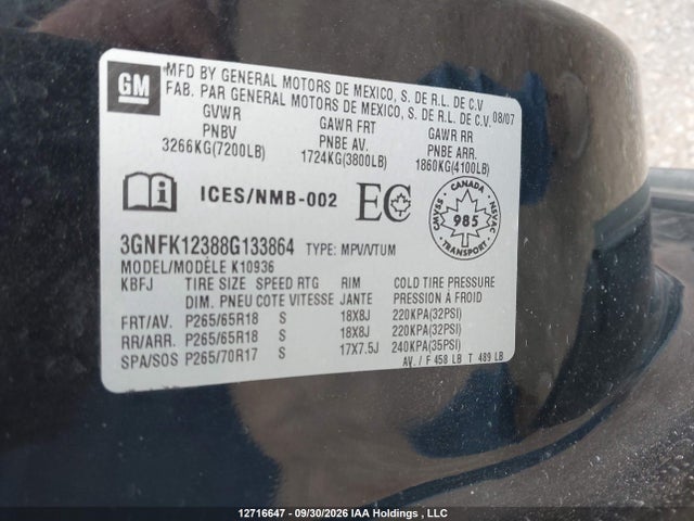 12716647 :رقم المزاد ، 3GNFK12388G133864 vin ، 2008 Chevrolet Avalanche 1500 Ls/lt/ltz مزاد بيع