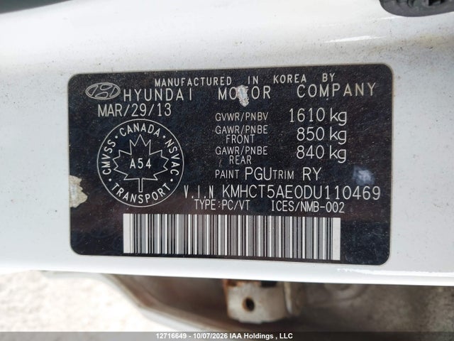 12716649 :رقم المزاد ، KMHCT5AE0DU110469 vin ، 2013 Hyundai Accent Gls/gs مزاد بيع