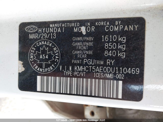 12716649 :رقم المزاد ، KMHCT5AE0DU110469 vin ، 2013 Hyundai Accent Gls/gs مزاد بيع