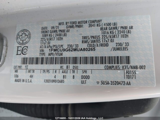2021 Ford Escape Se მანქანა იყიდება აუქციონზე, vin: 1FMCU9G62MUA80265, აუქციონის ნომერი: 12716655