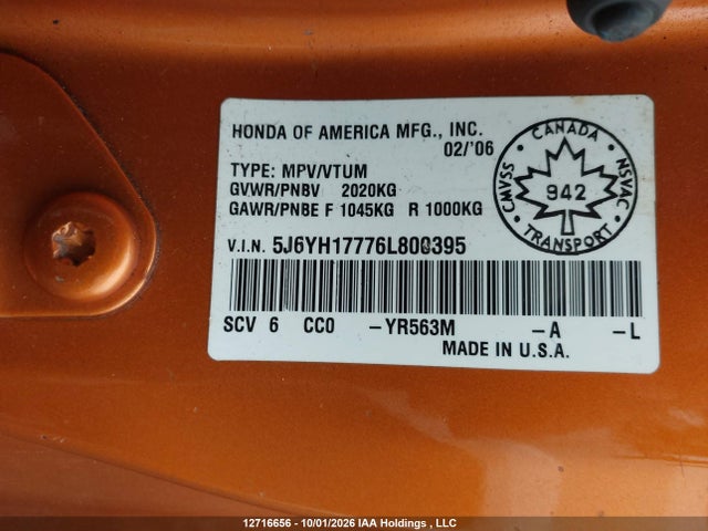 2006 Honda Element Ex მანქანა იყიდება აუქციონზე, vin: 5J6YH17776L800395, აუქციონის ნომერი: 12716656