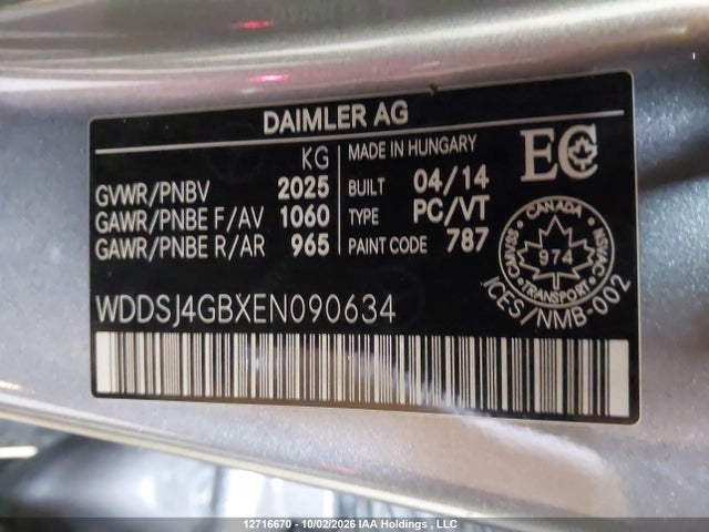 12716670 :رقم المزاد ، WDDSJ4GBXEN090634 vin ، 2014 Mercedes-benz Cla 250 4matic مزاد بيع