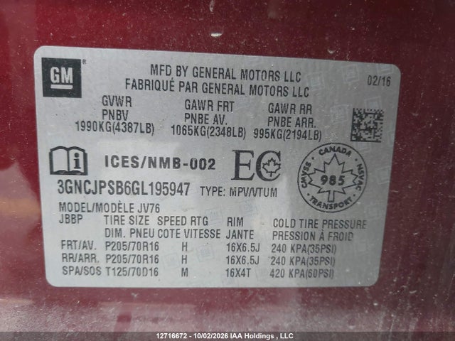 12716672 :رقم المزاد ، 3GNCJPSB6GL195947 vin ، 2016 Chevrolet Trax 1lt مزاد بيع
