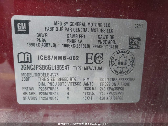 12716672 :رقم المزاد ، 3GNCJPSB6GL195947 vin ، 2016 Chevrolet Trax 1lt مزاد بيع