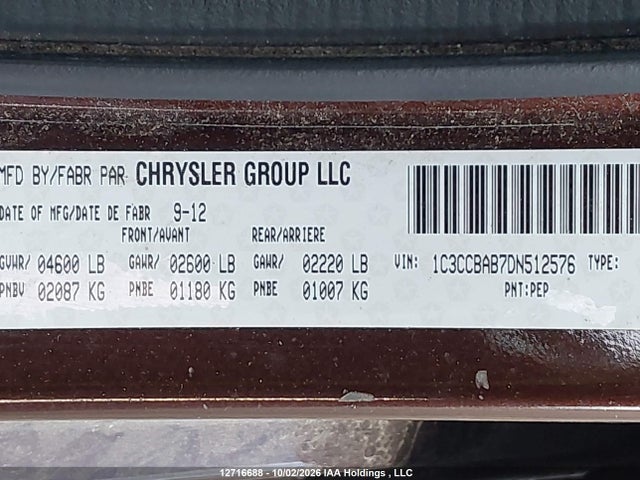 12716688 :رقم المزاد ، 1C3CCBAB7DN512576 vin ، 2013 Chrysler 200 Lx مزاد بيع
