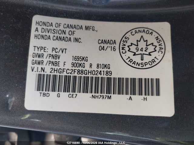 Продажа на аукционе авто 2016 Honda Civic Ex 4dr, vin: 2HGFC2F88GH024189, номер лота: 12716690