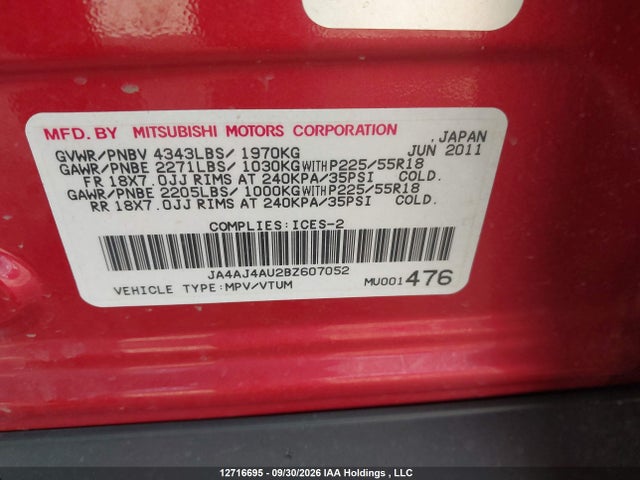 Aukcja sprzedaży 2011 Mitsubishi Rvr Gt, vin: JA4AJ4AU2BZ607052, numer aukcji: 12716695