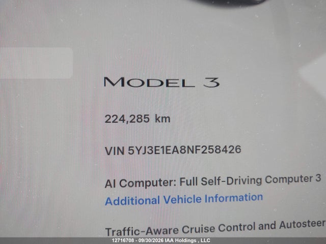 Продаж на аукціоні авто 2022 Tesla Model 3, vin: 5YJ3E1EA8NF258426, номер лоту: 12716708