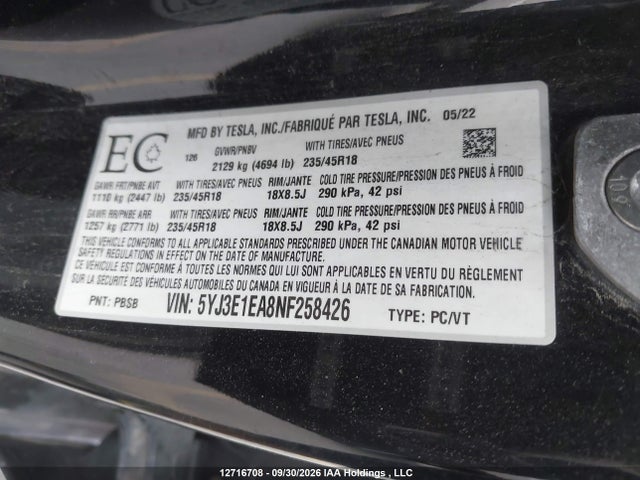 Продаж на аукціоні авто 2022 Tesla Model 3, vin: 5YJ3E1EA8NF258426, номер лоту: 12716708