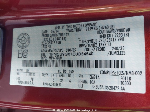 12716709 :رقم المزاد ، 1FMCU9GX7EUD54540 vin ، 2014 Ford Escape Se مزاد بيع