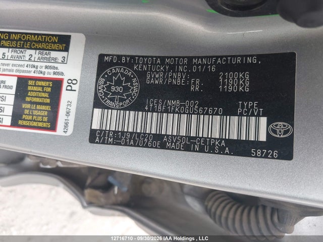 12716710 :رقم المزاد ، 4T1BF1FK0GV567670 vin ، 2016 Toyota Camry Le/xle/se/xse مزاد بيع