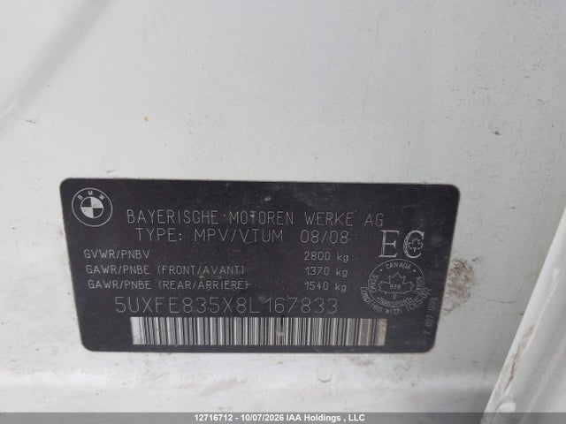 Auction sale of the 2008 Bmw X5, vin: 5UXFE835X8L167833, lot number: 12716712