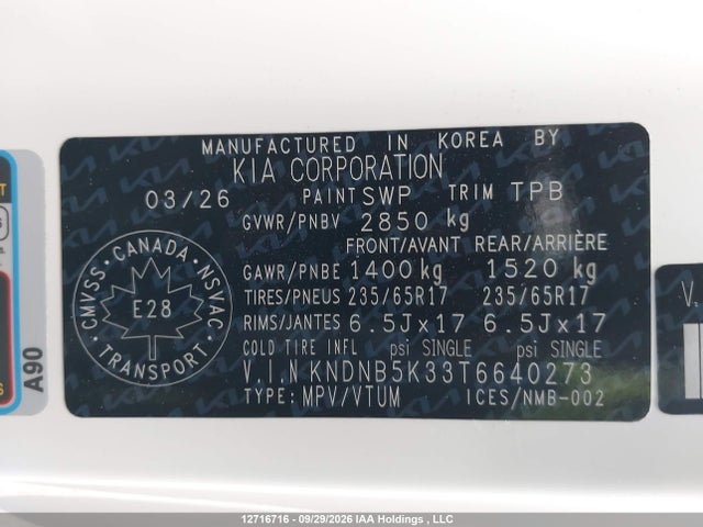 12716716 :رقم المزاد ، KNDNB5K33T6640273 vin ، 2026 Kia Carnival Lx/lxs مزاد بيع