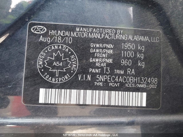 Продажа на аукционе авто 2011 Hyundai Sonata Limited, vin: 5NPEC4AC0BH132498, номер лота: 12716720