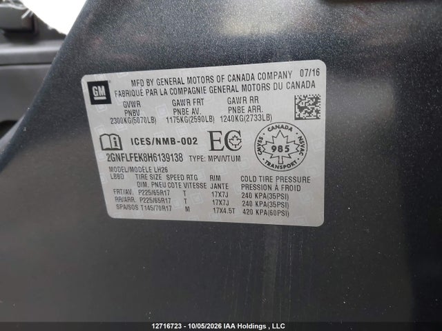 12716723 :رقم المزاد ، 2GNFLFEK8H6139138 vin ، 2017 Chevrolet Equinox Lt مزاد بيع