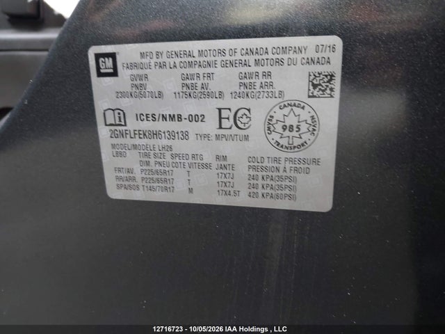 12716723 :رقم المزاد ، 2GNFLFEK8H6139138 vin ، 2017 Chevrolet Equinox Lt مزاد بيع