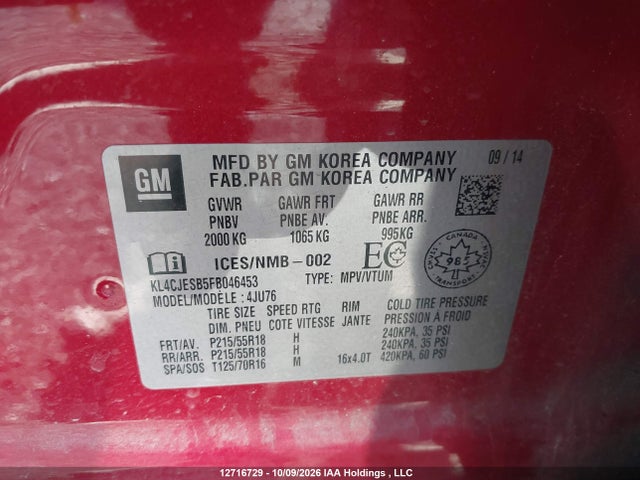 2015 Buick Encore მანქანა იყიდება აუქციონზე, vin: KL4CJESB5FB046453, აუქციონის ნომერი: 12716729
