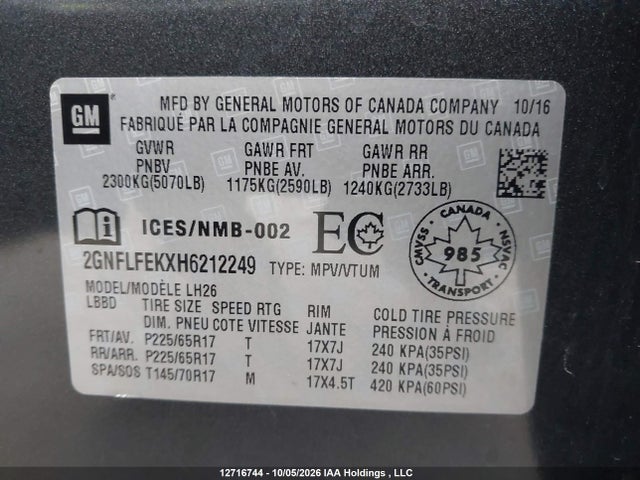 Chevrolet EQUINOX 1LT 2017 2GNFLFEKXH6212249 Image 9