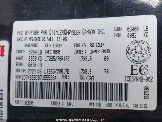 Aukcja sprzedaży 2007 Dodge Ram 2500 Laramie, vin: 1D7KS28C87J555334, numer aukcji: 12716745