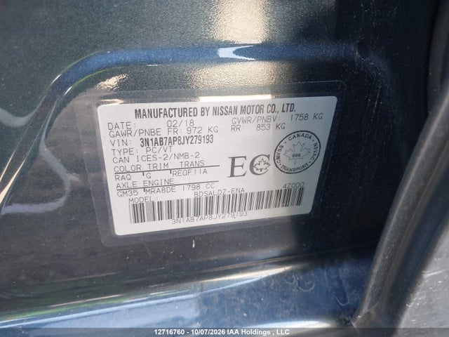 Aukcja sprzedaży 2018 Nissan Sentra 1.8 S/s/sv/sv Midnight Edition, vin: 3N1AB7AP8JY279193, numer aukcji: 12716760