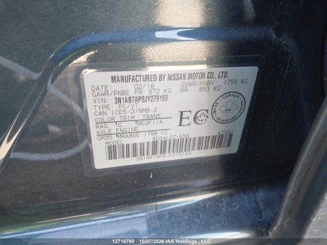 Aukcja sprzedaży 2018 Nissan Sentra 1.8 S/s/sv/sv Midnight Edition, vin: 3N1AB7AP8JY279193, numer aukcji: 12716760