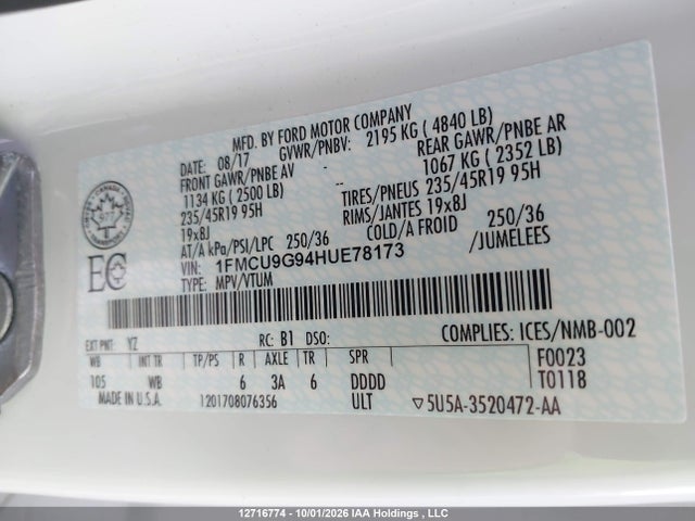 12716774 :رقم المزاد ، 1FMCU9G94HUE78173 vin ، 2017 Ford Escape Se مزاد بيع