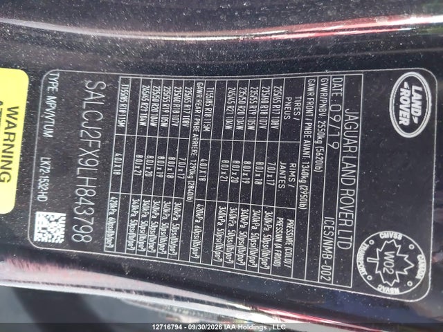 Aukcja sprzedaży 2020 Land Rover Discovery Sport S, vin: SALCJ2FX9LH843798, numer aukcji: 12716794