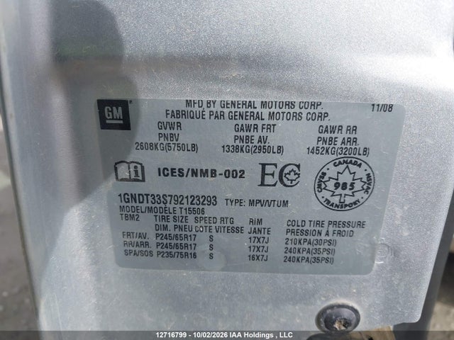 2009 Chevrolet Trailblazer Lt მანქანა იყიდება აუქციონზე, vin: 1GNDT33S792123293, აუქციონის ნომერი: 12716799