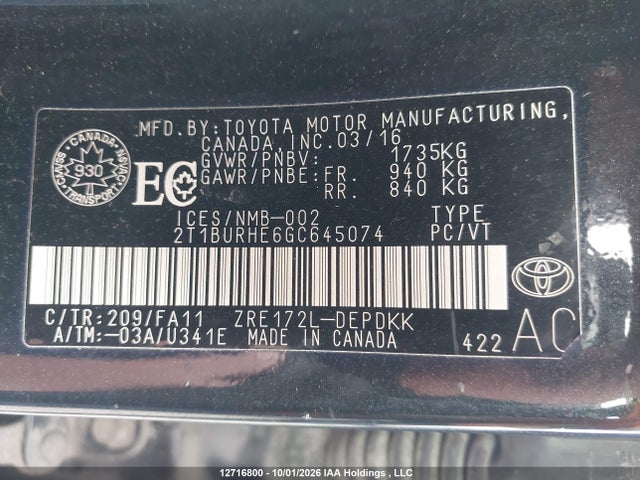 Aukcja sprzedaży 2016 Toyota Corolla Ce, vin: 2T1BURHE6GC645074, numer aukcji: 12716800