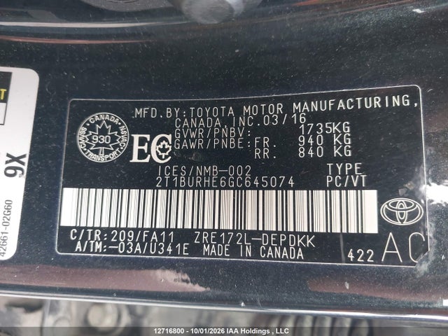 Aukcja sprzedaży 2016 Toyota Corolla Ce, vin: 2T1BURHE6GC645074, numer aukcji: 12716800