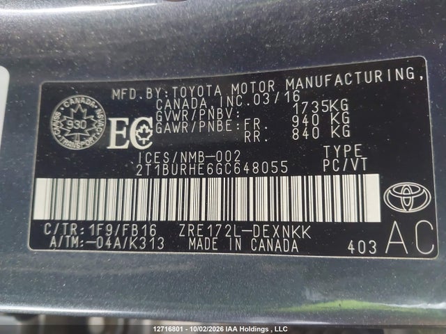 2T1BURHE6GC648055 Toyota Corolla L/le/le Pls/prm/s/s Pls