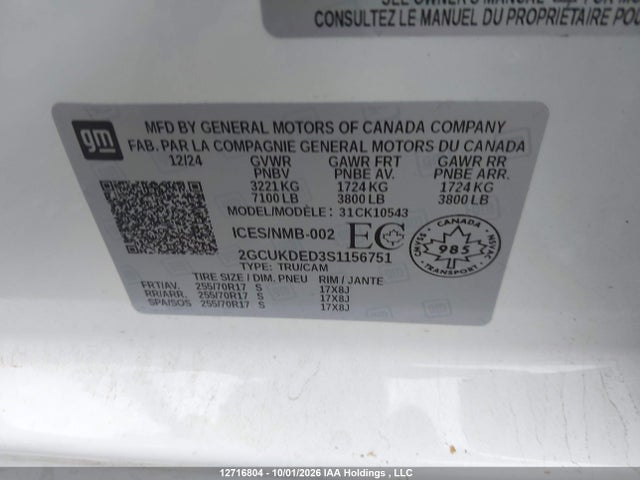 Aukcja sprzedaży 2025 Chevrolet Silverado K1500 Lt, vin: 2GCUKDED3S1156751, numer aukcji: 12716804