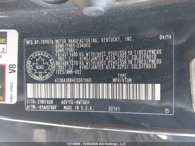 Aukcja sprzedaży 2014 Toyota Venza Le/xle, vin: 4T3BA3BB4EU061960, numer aukcji: 12716806