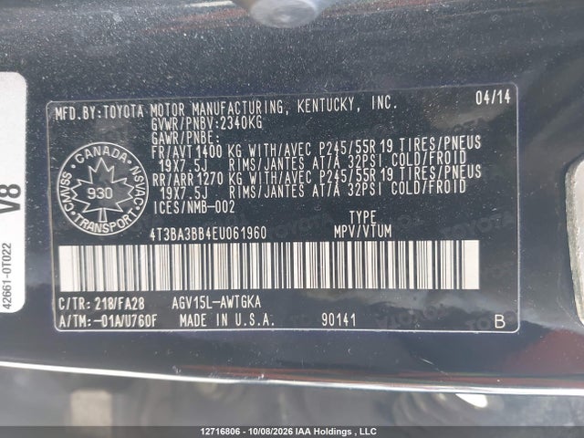 Aukcja sprzedaży 2014 Toyota Venza Le/xle, vin: 4T3BA3BB4EU061960, numer aukcji: 12716806