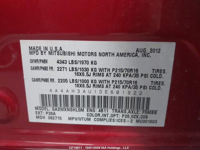 12716811 :رقم المزاد ، 4A4AH3AU1DE601922 vin ، 2013 Mitsubishi Rvr مزاد بيع