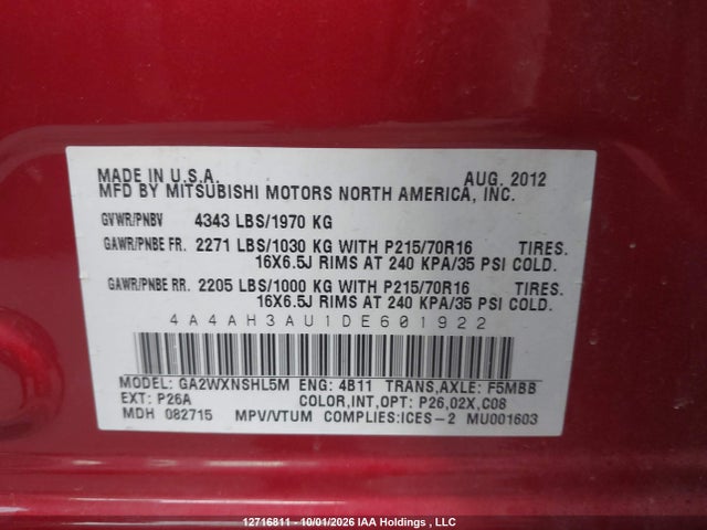 12716811 :رقم المزاد ، 4A4AH3AU1DE601922 vin ، 2013 Mitsubishi Rvr مزاد بيع