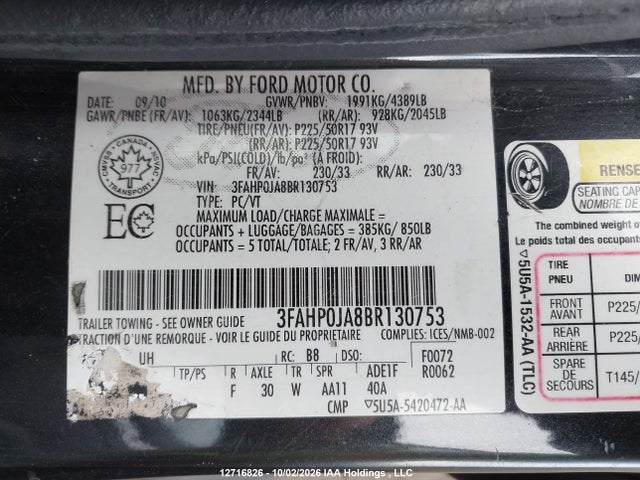 2011 Ford Fusion Sel მანქანა იყიდება აუქციონზე, vin: 3FAHP0JA8BR130753, აუქციონის ნომერი: 12716826