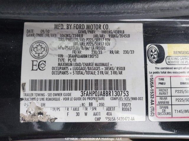 2011 Ford Fusion Sel მანქანა იყიდება აუქციონზე, vin: 3FAHP0JA8BR130753, აუქციონის ნომერი: 12716826