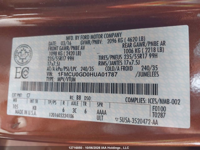 2017 Ford Escape Se მანქანა იყიდება აუქციონზე, vin: 1FMCU0GD0HUA01787, აუქციონის ნომერი: 12716850