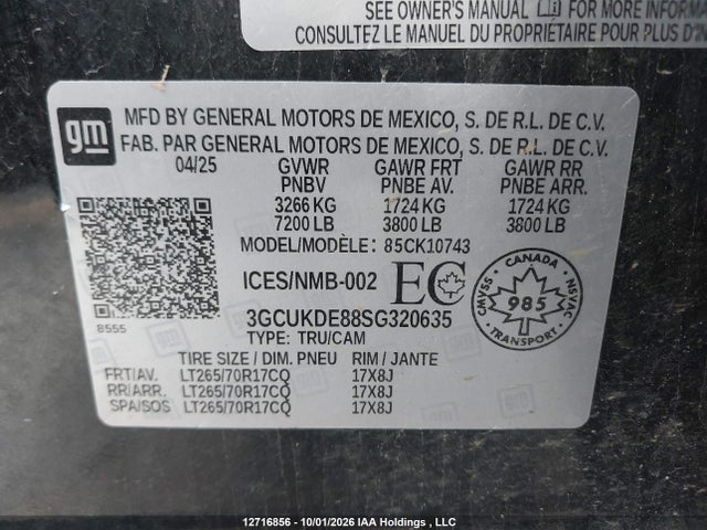 Aukcja sprzedaży 2025 Chevrolet Silverado K1500 Lt, vin: 3GCUKDE88SG320635, numer aukcji: 12716856