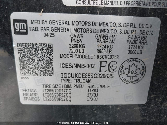 Aukcja sprzedaży 2025 Chevrolet Silverado K1500 Lt, vin: 3GCUKDE88SG320635, numer aukcji: 12716856