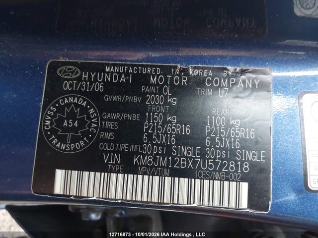 12716873 :رقم المزاد ، KM8JM12BX7U572818 vin ، 2007 Hyundai Tucson Gls مزاد بيع