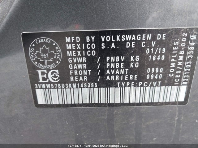 2019 Volkswagen Jetta Highline მანქანა იყიდება აუქციონზე, vin: 3VWW57BU3KM148385, აუქციონის ნომერი: 12716874