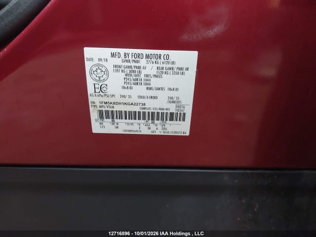 Aukcja sprzedaży 2019 Ford Explorer Xlt, vin: 1FM5K8DH1KGA22738, numer aukcji: 12716896