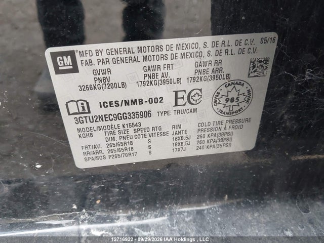 Aukcja sprzedaży 2016 Gmc Sierra K1500 Slt, vin: 3GTU2NEC9GG335906, numer aukcji: 12716922