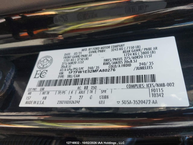Ford F-150 2021 1FTFW1E52MFA80276 Image 9